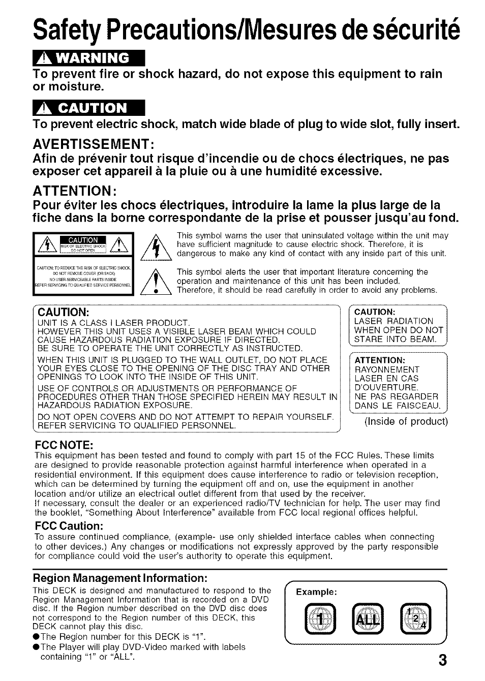 Safety precautions/mesures de sécurité, Attention, Caution | Fcc note, Fcc caution, Region management information, Warning, Avertissement | Panasonic PV-D4734S User Manual | Page 3 / 72