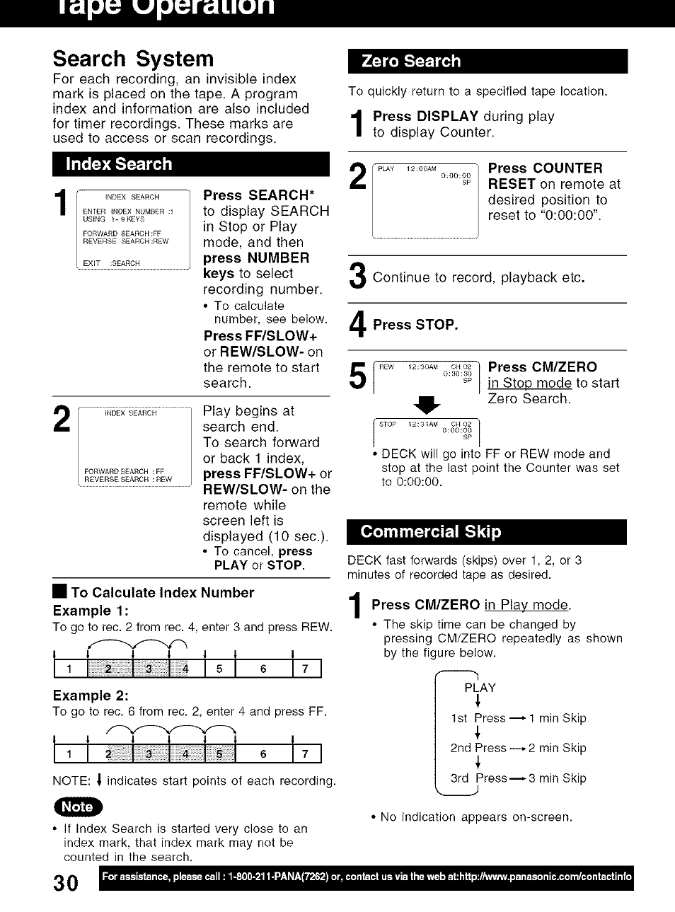 Lape wperaiiun, Index search, Press search | M to calculate index number example 1, Example 2, Zero search, Press stop, Press cm/zero, Commercial skip, Search system | Panasonic PV-D4734S User Manual | Page 30 / 72