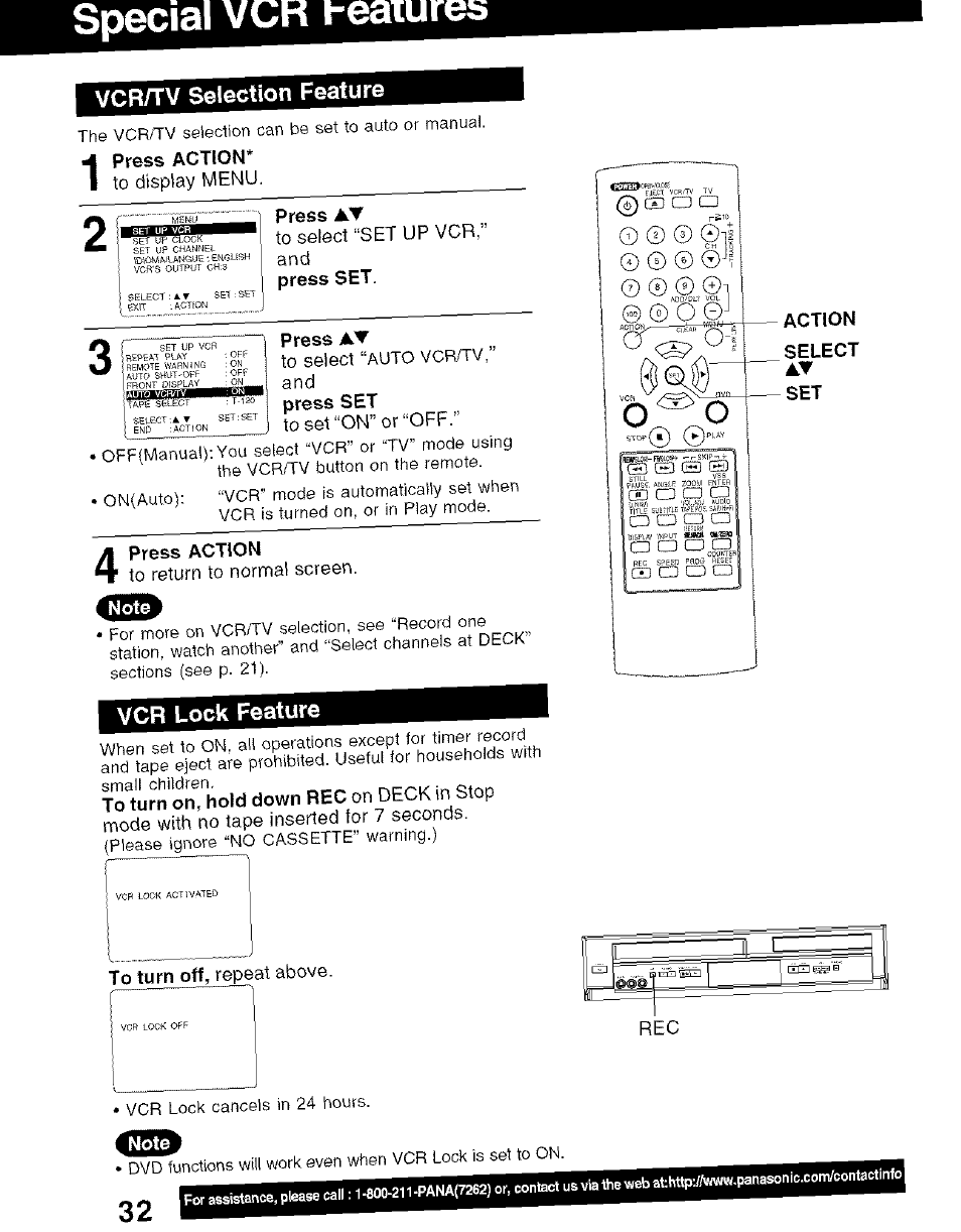 Vcr/tv selection feature, Vcr lock feature, Special vcr heaiures | Panasonic PV-D4734S User Manual | Page 32 / 72