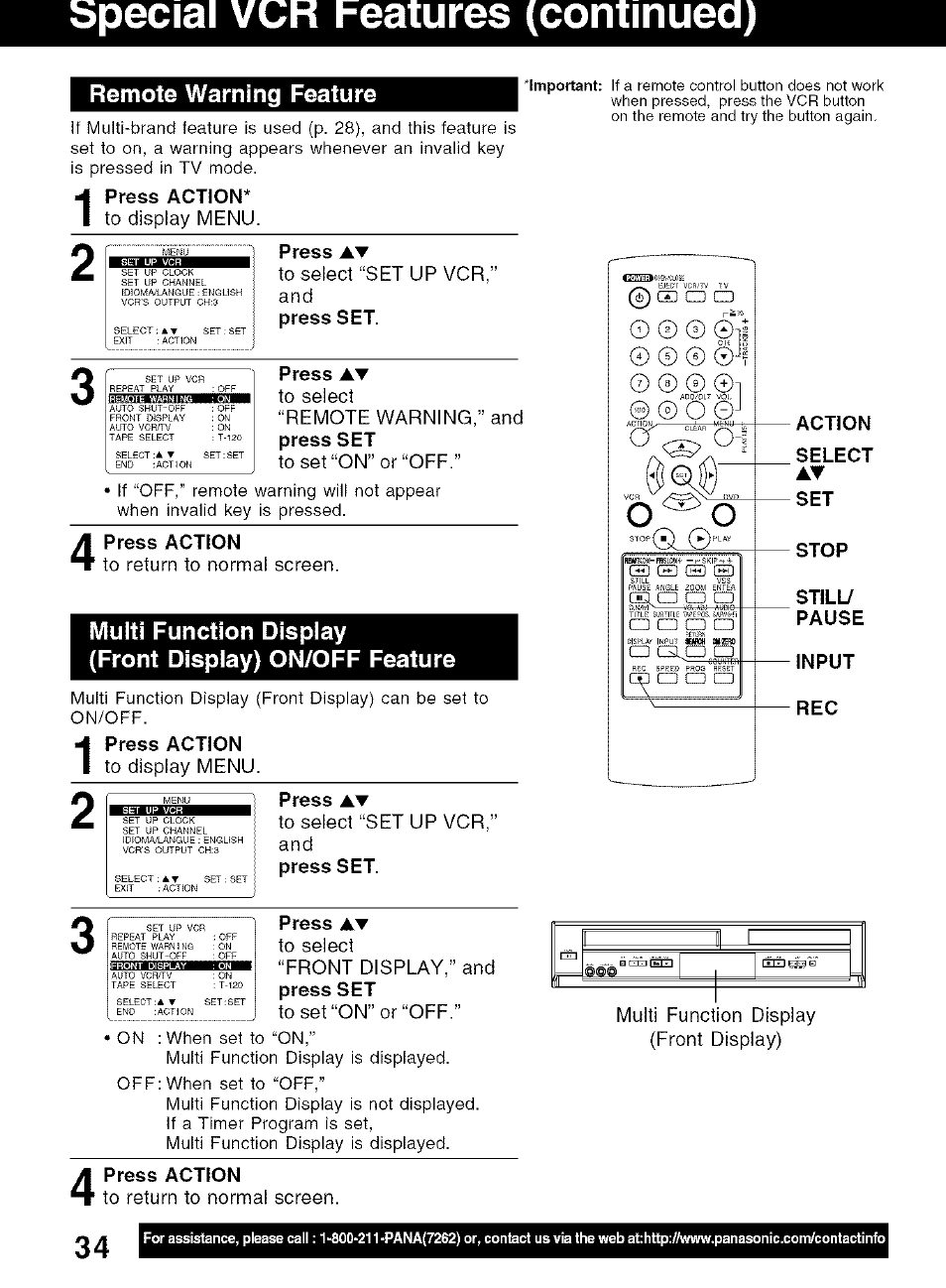 Bpeciai vgr features (continued), Remote warning feature, Press action | Press at, Press set, Action, Select, Stop, Still, Pause | Panasonic PV-D4734S User Manual | Page 34 / 72