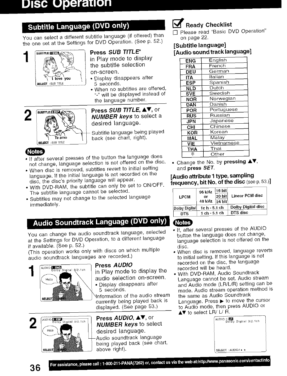 Subtitle language (dvd only), Ready checklist, Audio soundtrack language (dvd only) | Disc uperaiion, Lisi, At, or | Panasonic PV-D4734S User Manual | Page 36 / 72