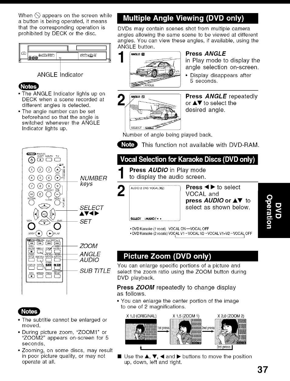 Multiple angle viewing (dvd only), Vocal selection for karaoke discs (dvd oniy), Picture zoom (dvd only) | A, t | Panasonic PV-D4734S User Manual | Page 37 / 72