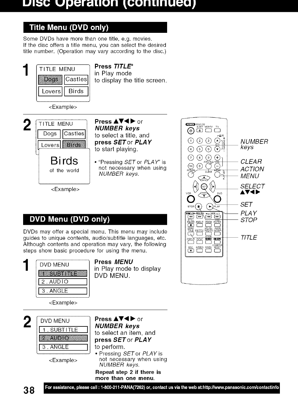 Title menu (dvd only), Press title, Dvd menu (dvd only) | Panasonic PV-D4734S User Manual | Page 38 / 72