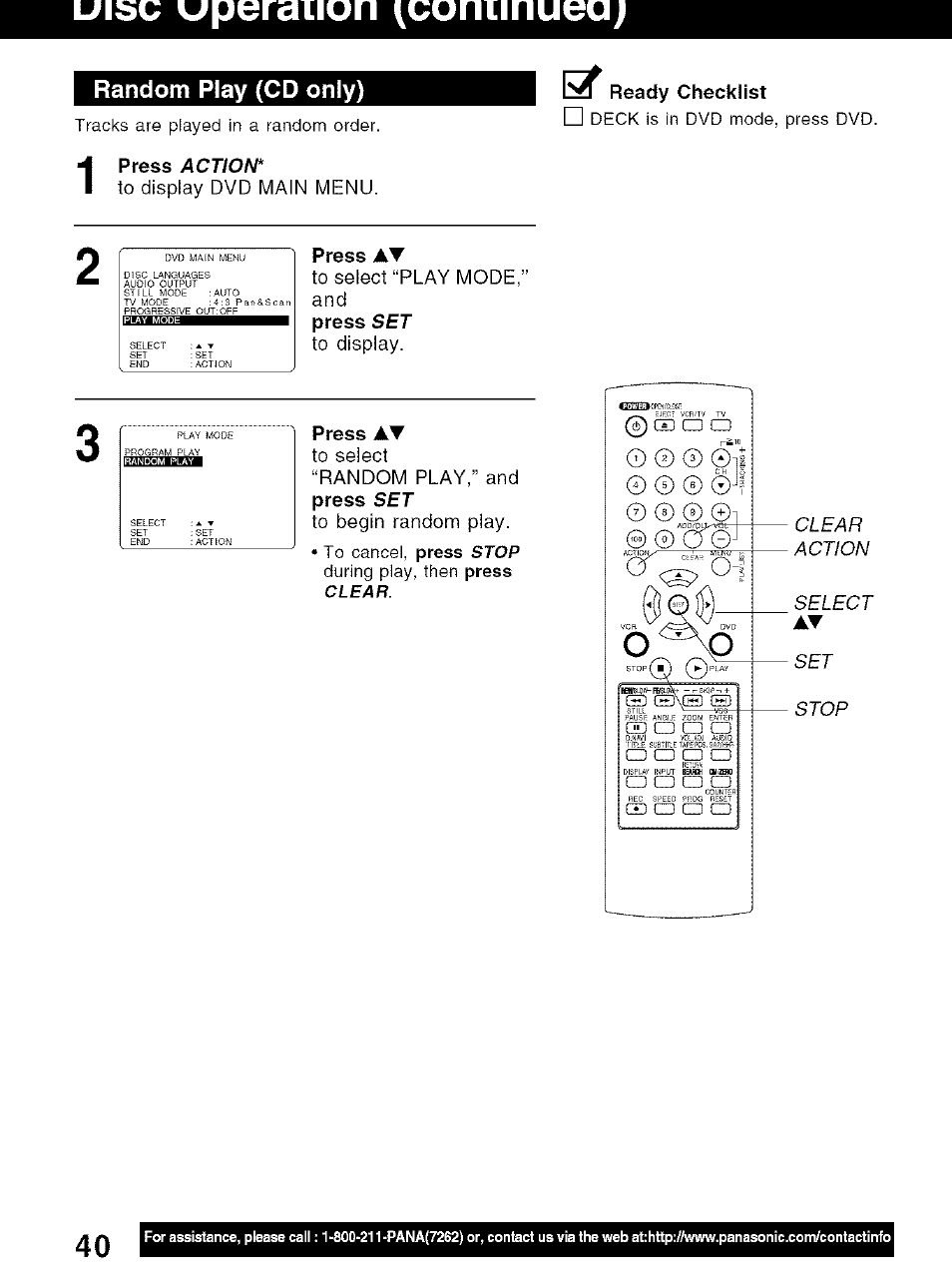 Random play (cd only), Ready checklist, Press at | Panasonic PV-D4734S User Manual | Page 40 / 72