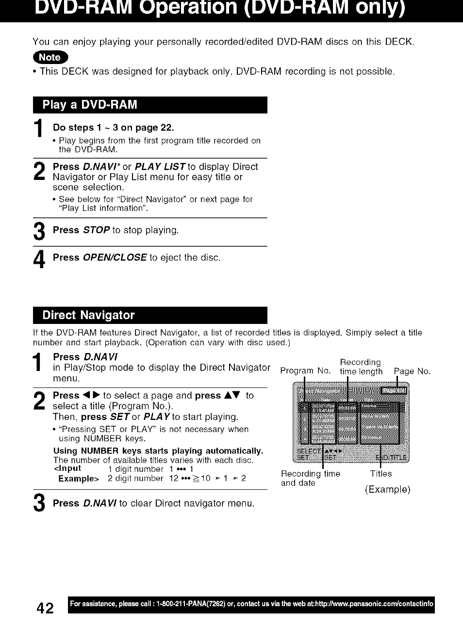 Dvd-raivi operation (dvd-raivi only), Play a dvd-ram, Direct navigator | Panasonic PV-D4734S User Manual | Page 42 / 72