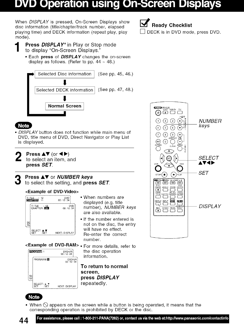 Ready checklist, To return to norma! screen, Dvd uperation using on-bcreen displays | At (or ◄ ►) to select an item, and, At or, Repeatedly. number keys, Set display | Panasonic PV-D4734S User Manual | Page 44 / 72