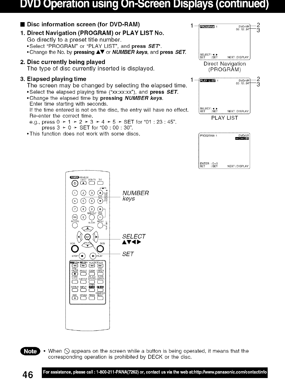 Disc information screen (for dvd-rawi), Direct navigation (program) or play list no, Disc currentiy being piayed | Elapsed playing time, Vp uperation using un-bcreen displays (continued), Go directly to a preset title number, The type of disc currently inserted is displayed, Number k&ys select | Panasonic PV-D4734S User Manual | Page 46 / 72