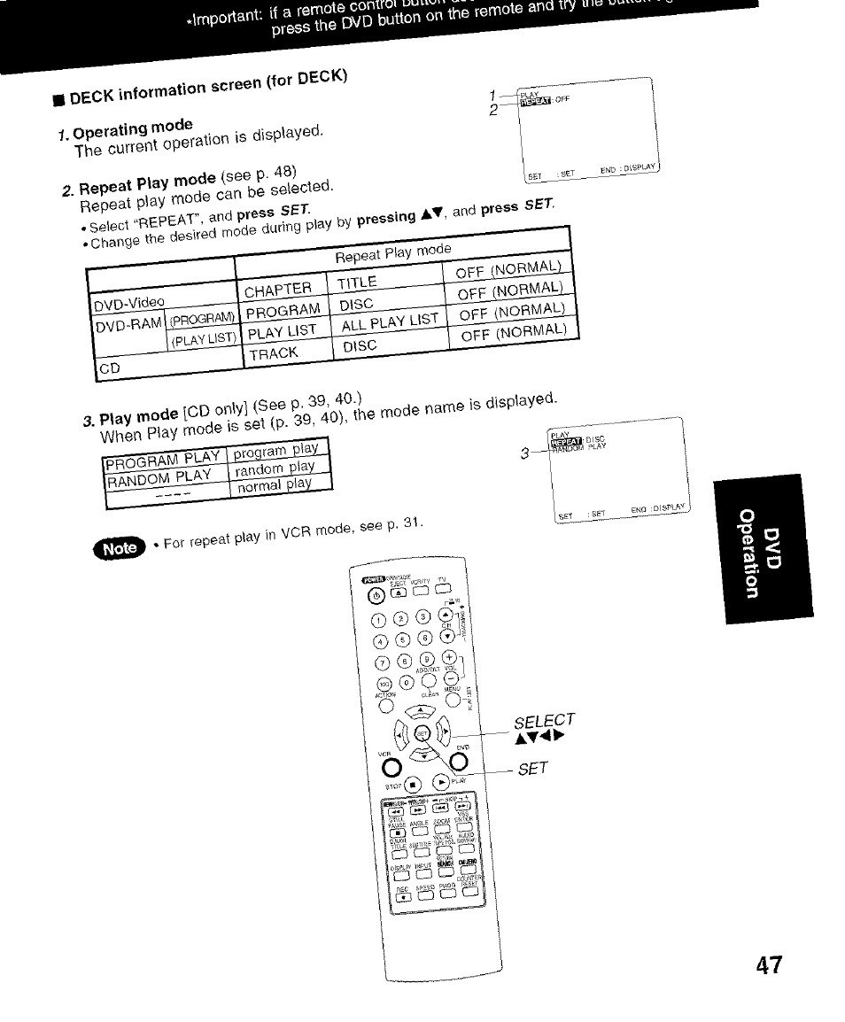 B deck information screen (for deck), Repeat play be sdlted, La a | Play | Panasonic PV-D4734S User Manual | Page 47 / 72