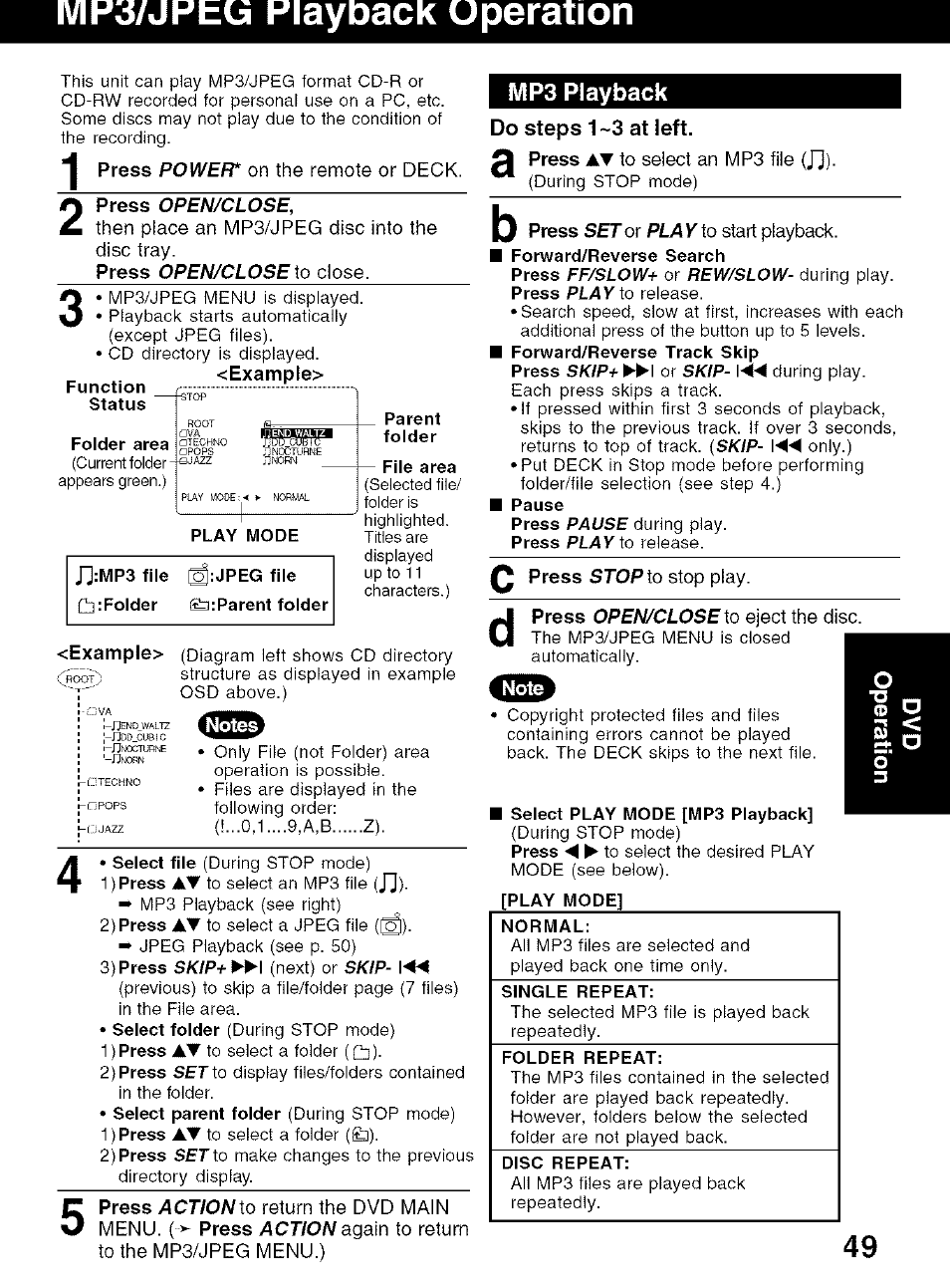 Mp3 playback, Mp;5/jptüi piayback uperation, Mp3 playback do steps 1 ~3 at left | On the remote or deck, Then place an mp3/jpeg disc into the disc tray, At to select an mp3 file (jl), Stop play, Press | Panasonic PV-D4734S User Manual | Page 49 / 72