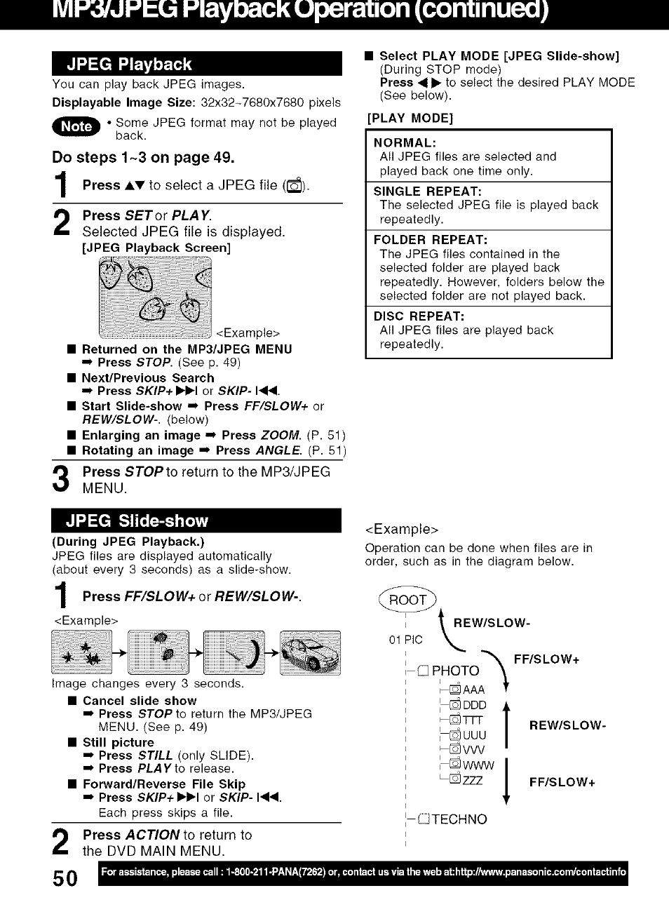 Mpü/jpëcjî playback uperation (continued), Jpeg playback, Jpeg slide-show | Playback uperation (continued), Do steps 1 -3 on page 49 | Panasonic PV-D4734S User Manual | Page 50 / 72