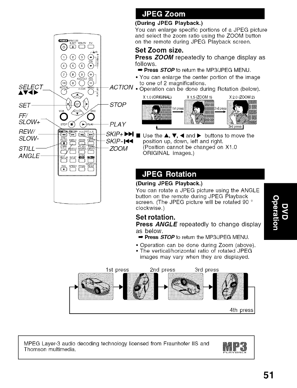 Jpeg zoom, Set zoom size, Jpeg rotation | Set rotation, Ii£3 | Panasonic PV-D4734S User Manual | Page 51 / 72