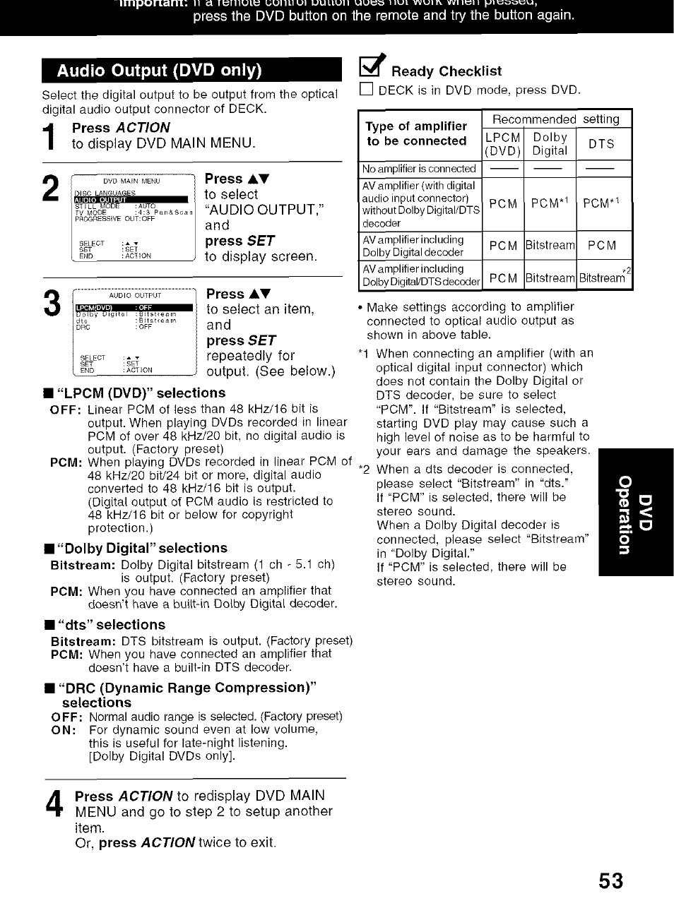 Audio output (dvd only), Press at, Ready checklist | Repeatedly for output. (see below, Twice to exit | Panasonic PV-D4734S User Manual | Page 53 / 72