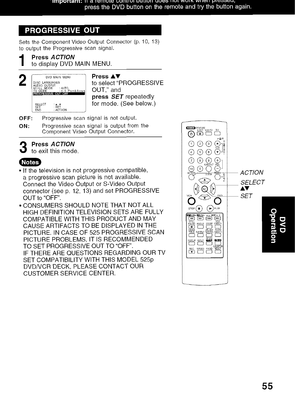 Progressive out, Press | Panasonic PV-D4734S User Manual | Page 55 / 72