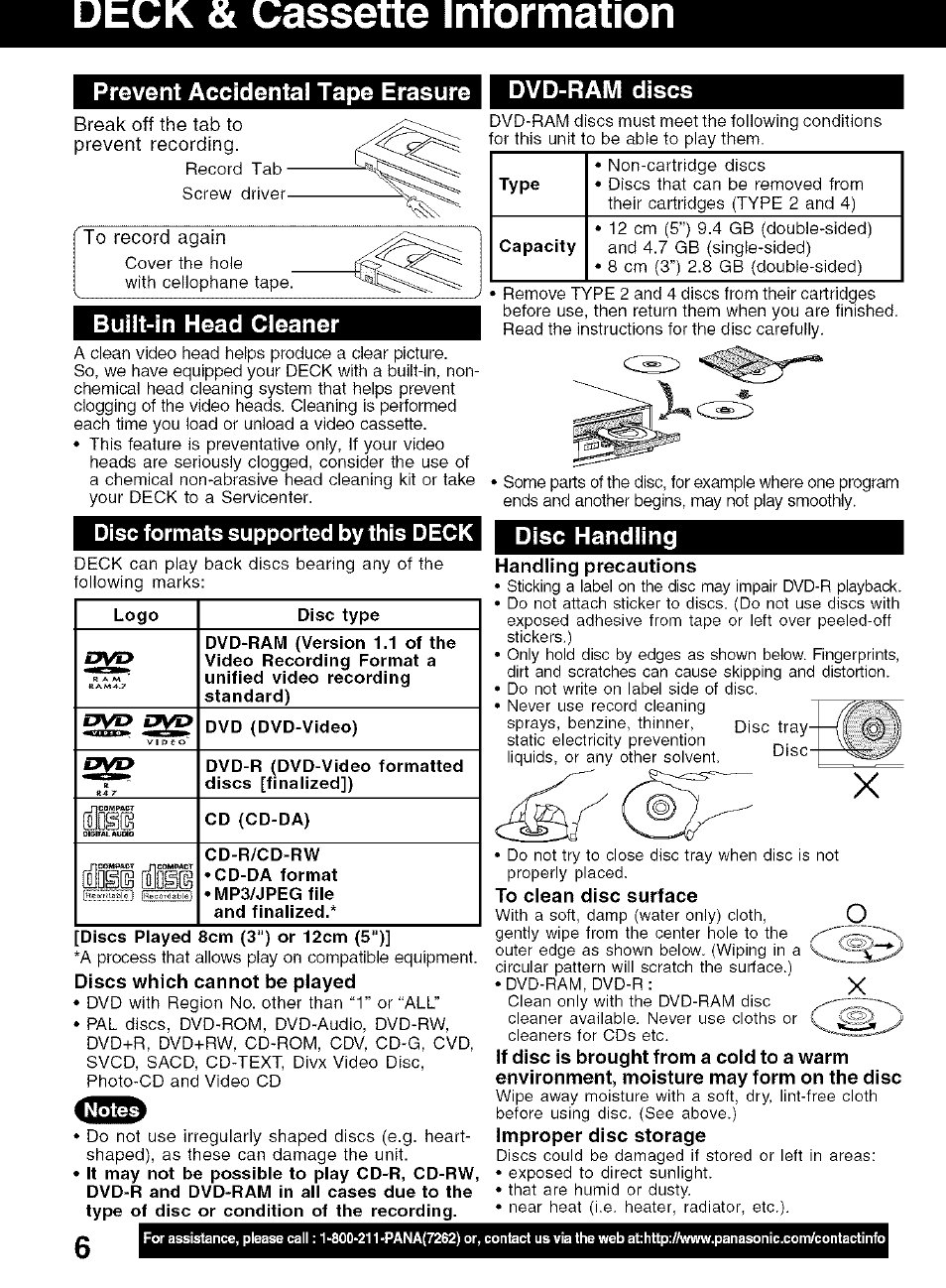 Dtck & cassette intormation, Prevent accidental tape erasure i dvd-ram discs, Built-in head cleaner | Handling precautions, Deck & cassette information ,7 | Panasonic PV-D4734S User Manual | Page 6 / 72