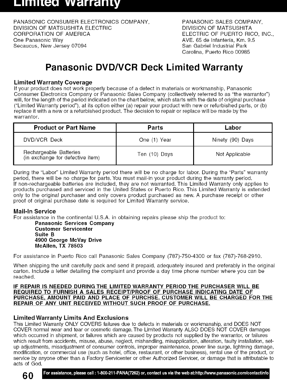 Limited warranty coverage, Mail-in service, Limited warranty limits and exclusions | Lirrmea vvarraniy, Panasonic dvda/cr deck limited warranty | Panasonic PV-D4734S User Manual | Page 60 / 72