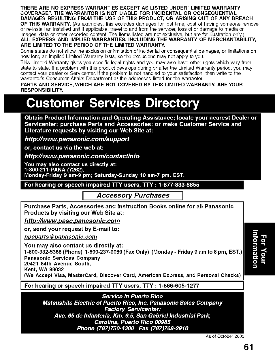 Customer services directory | Panasonic PV-D4734S User Manual | Page 61 / 72