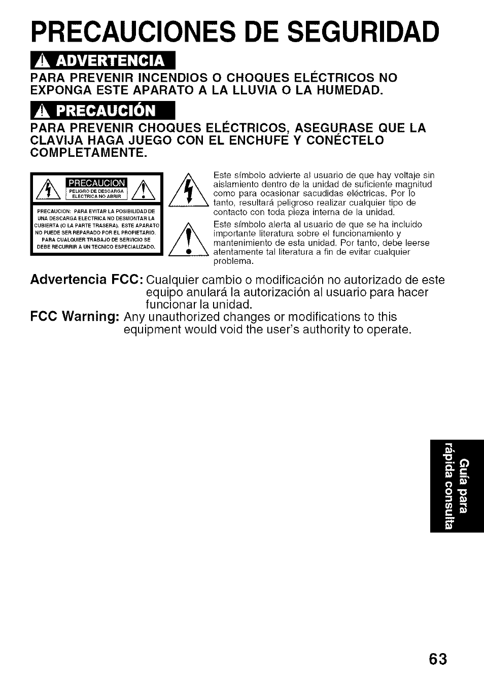 Precauciones de seguridad, Advertencia, Precaución | Panasonic PV-D4734S User Manual | Page 63 / 72