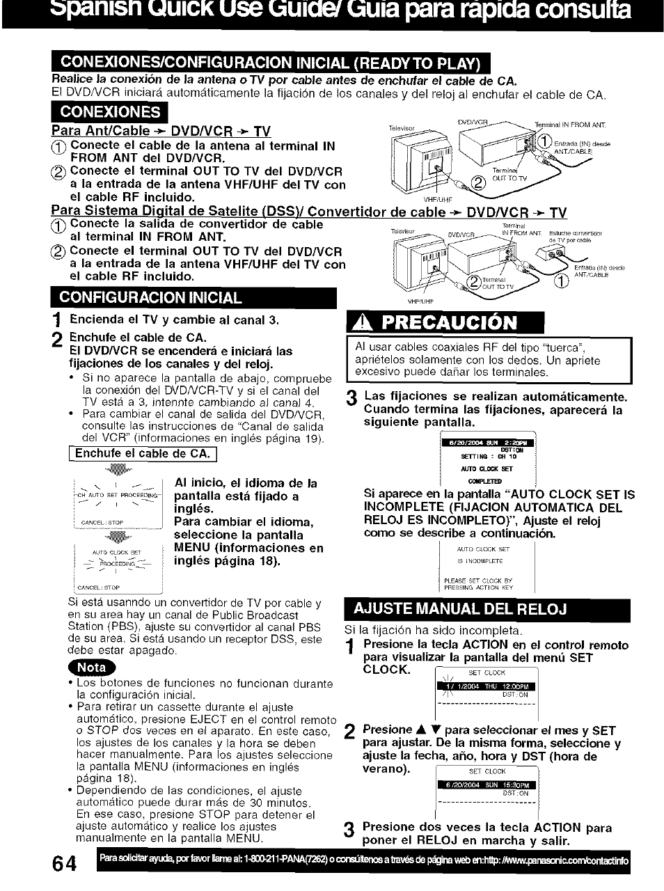 Con exion es/configu racion inicial (readyto play), Conexiones, Configuracion inicial | Ajuste manual del reloj, Bpanisn uuick use uuiae/ uuia para rapida consulta, Precaución | Panasonic PV-D4734S User Manual | Page 64 / 72