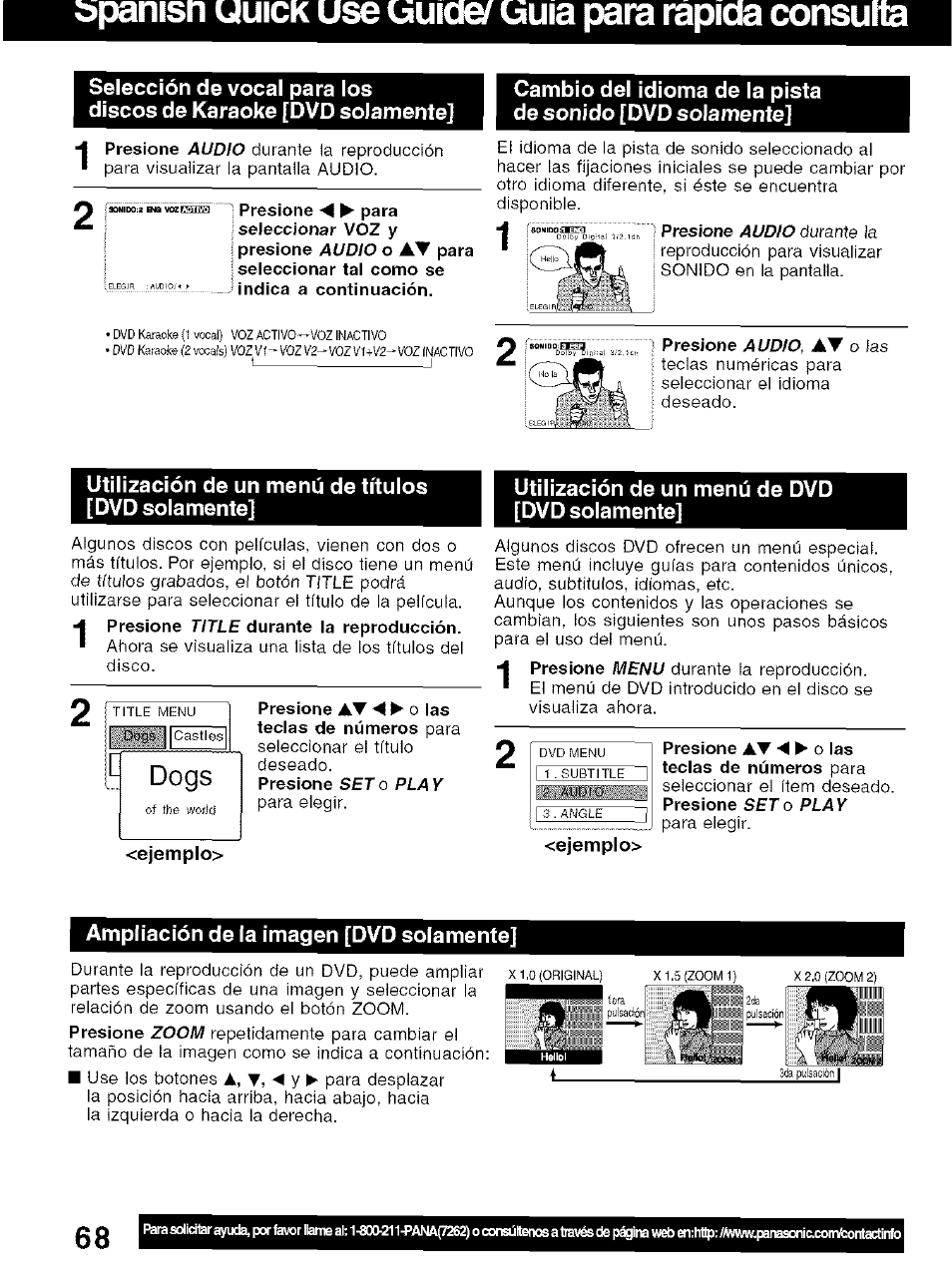 Utilización de un menú de títulos [dvd solamente, Utilización de un menú de dvd [dvd solamente, Ejemplo | Ampliación de la imagen [dvd solamente, Use uuioe, Spanisi! uuick, Uuia para rapida consulta, Piogs !||castles | Panasonic PV-D4734S User Manual | Page 68 / 72