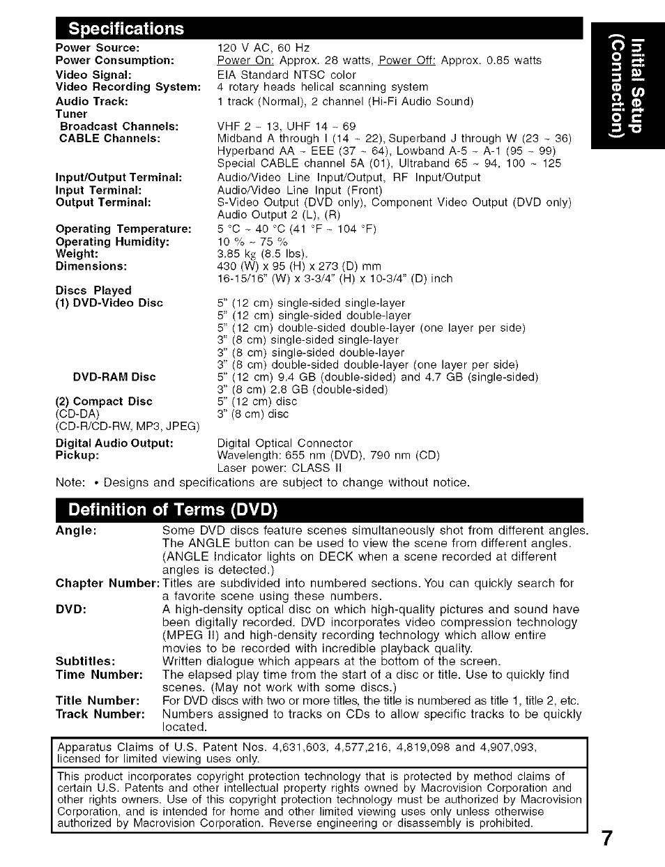 Specifications, Definition of terms (dvd) | Panasonic PV-D4734S User Manual | Page 7 / 72