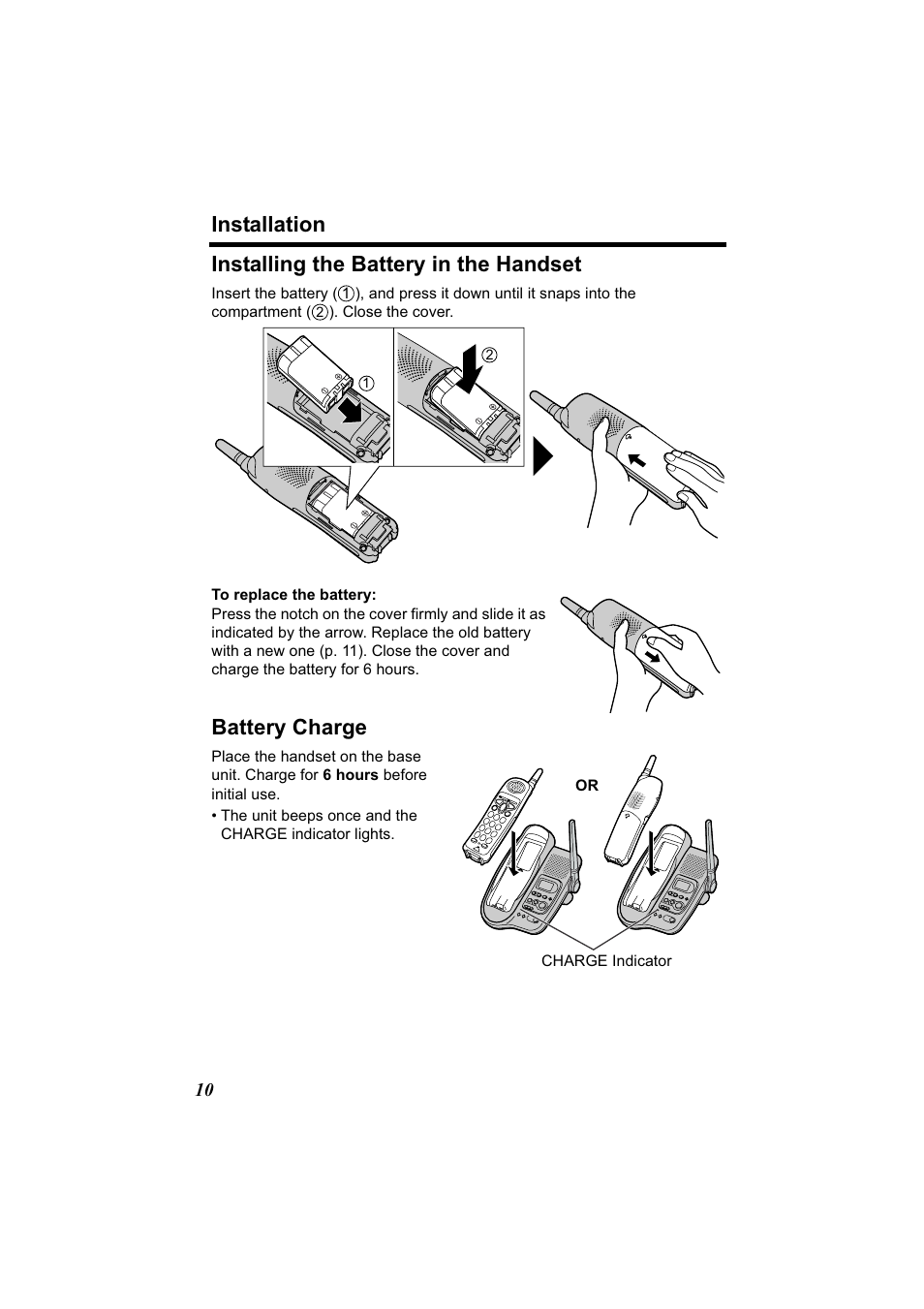 Installing / charging the battery, Installation, Installing the battery in the handset | Battery charge | Panasonic Acr14CF.tmp User Manual | Page 16 / 59