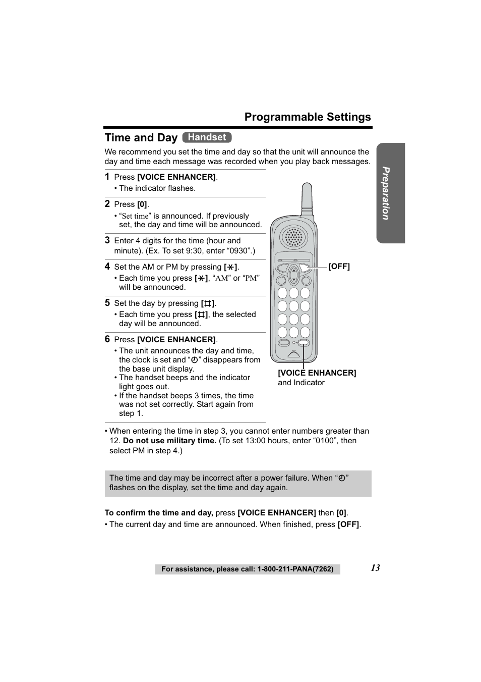 Setting time & day, Programmable settings time and day | Panasonic Acr14CF.tmp User Manual | Page 19 / 59