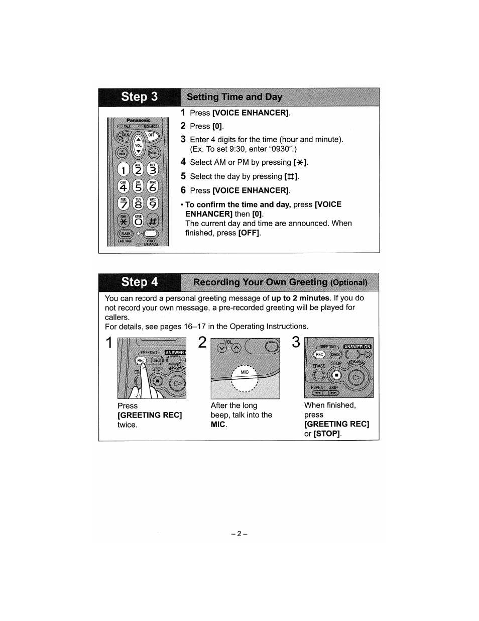 Time / day set, Recording greeting | Panasonic Acr14CF.tmp User Manual | Page 2 / 59