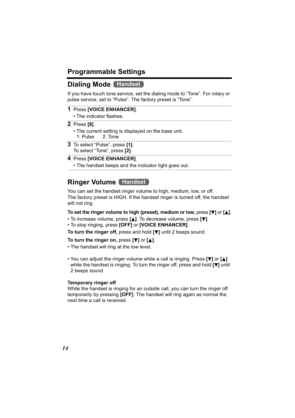 Programmable settings, Dialing mode, Ringer volume | Panasonic Acr14CF.tmp User Manual | Page 20 / 59