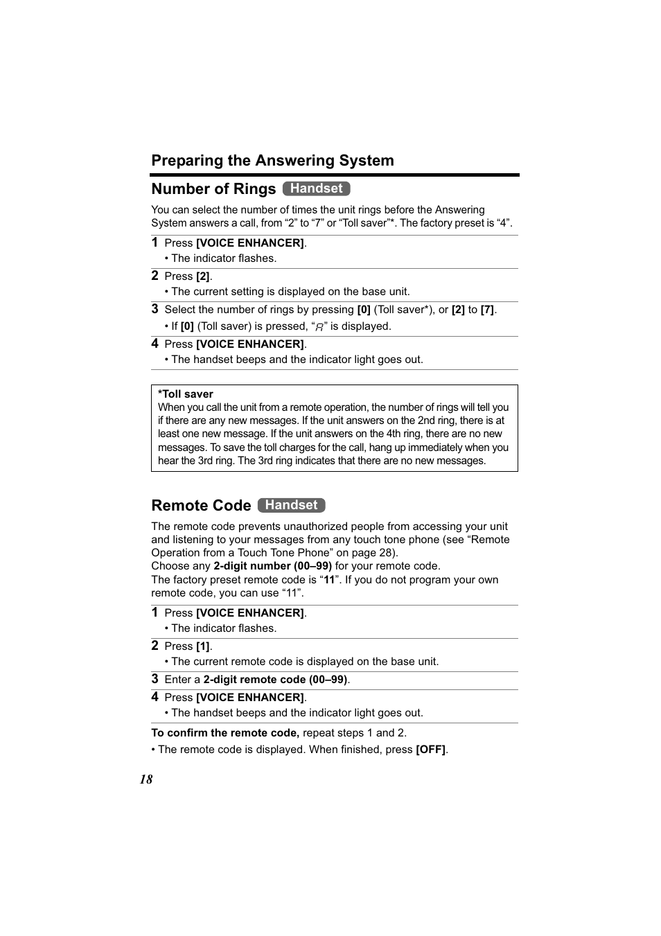 Preparing the answering system, Number of rings, Remote code | Panasonic Acr14CF.tmp User Manual | Page 24 / 59