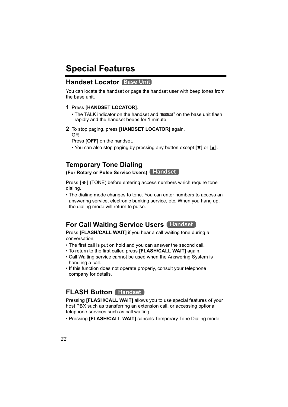 Handset locator, Temporary tone dialing, For call waiting service users | Flash button, Special features | Panasonic Acr14CF.tmp User Manual | Page 28 / 59