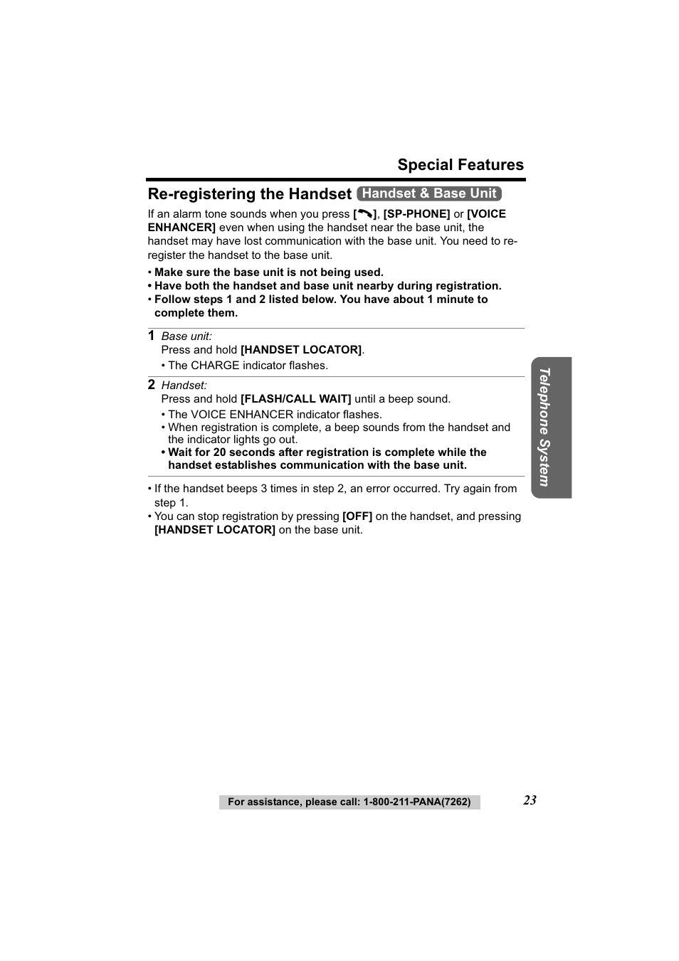Re-registering the handset, Special features | Panasonic Acr14CF.tmp User Manual | Page 29 / 59