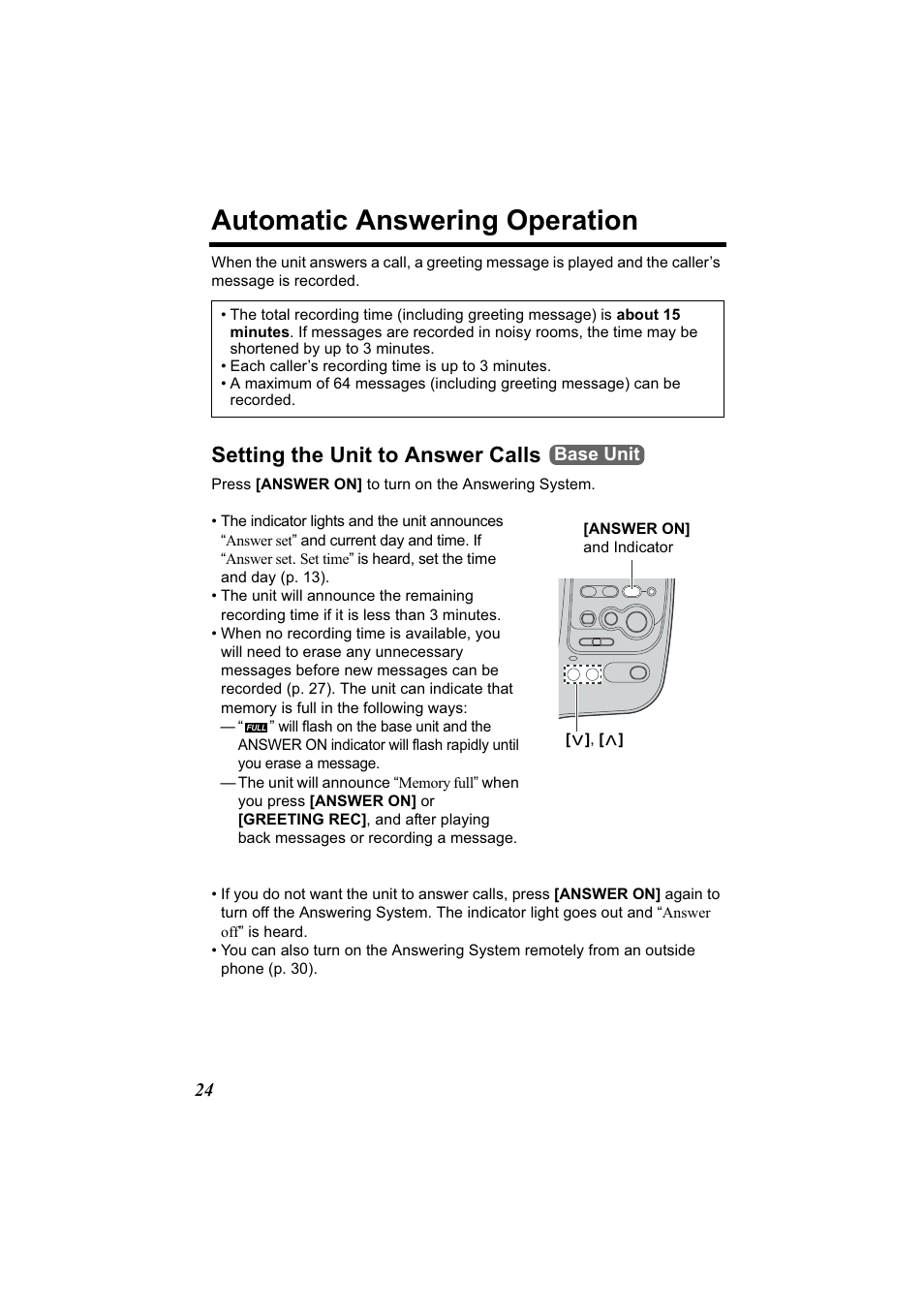 Answering system operation, Setting the unit to answer calls, Automatic answering operation | Panasonic Acr14CF.tmp User Manual | Page 30 / 59