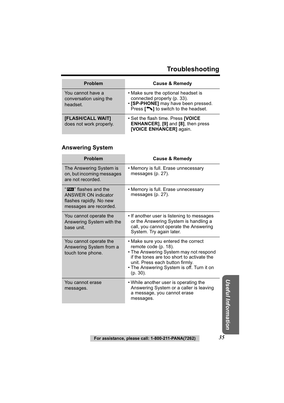 Troubleshooting, Useful information, 35 answering system | Panasonic Acr14CF.tmp User Manual | Page 41 / 59