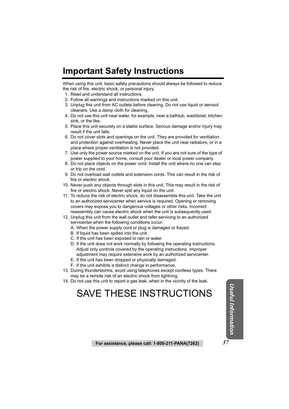 Save these instructions, Important safety instructions, Useful information | Panasonic Acr14CF.tmp User Manual | Page 43 / 59