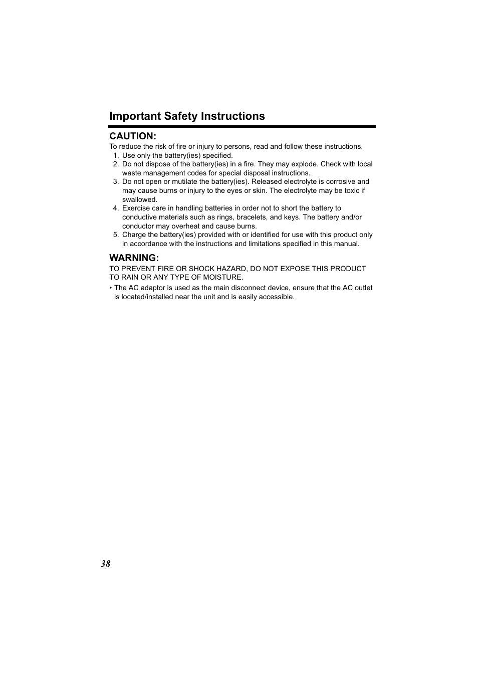 Important safety instructions, 38 caution, Warning | Panasonic Acr14CF.tmp User Manual | Page 44 / 59
