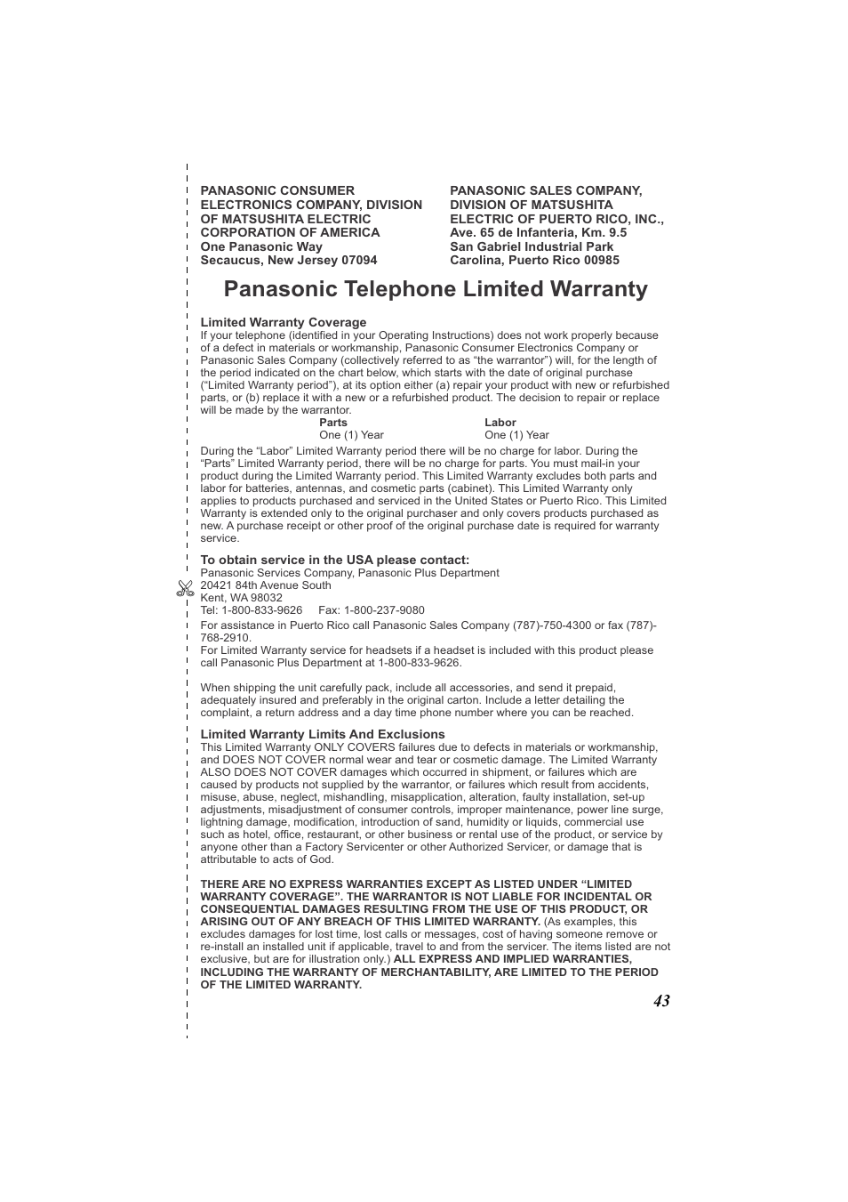 Warranty, Panasonic telephone limited warranty | Panasonic Acr14CF.tmp User Manual | Page 49 / 59