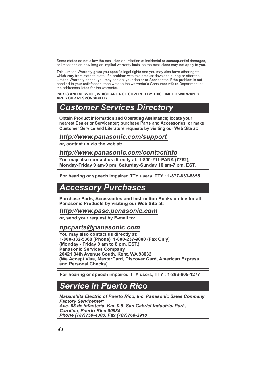 Customer services directory, Accessory purchases service in puerto rico | Panasonic Acr14CF.tmp User Manual | Page 50 / 59