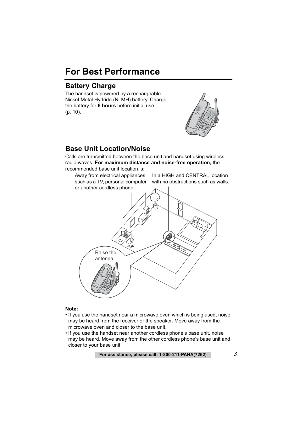 Initial battery charge, Locating the base unit, For best performance | Battery charge, Base unit location/noise | Panasonic Acr14CF.tmp User Manual | Page 9 / 59