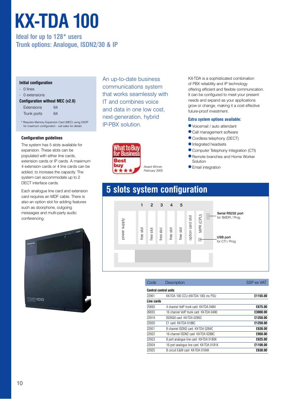 Kx-tda 100, 5 slots system configuration | Panasonic KX-TEA User Manual | Page 10 / 24