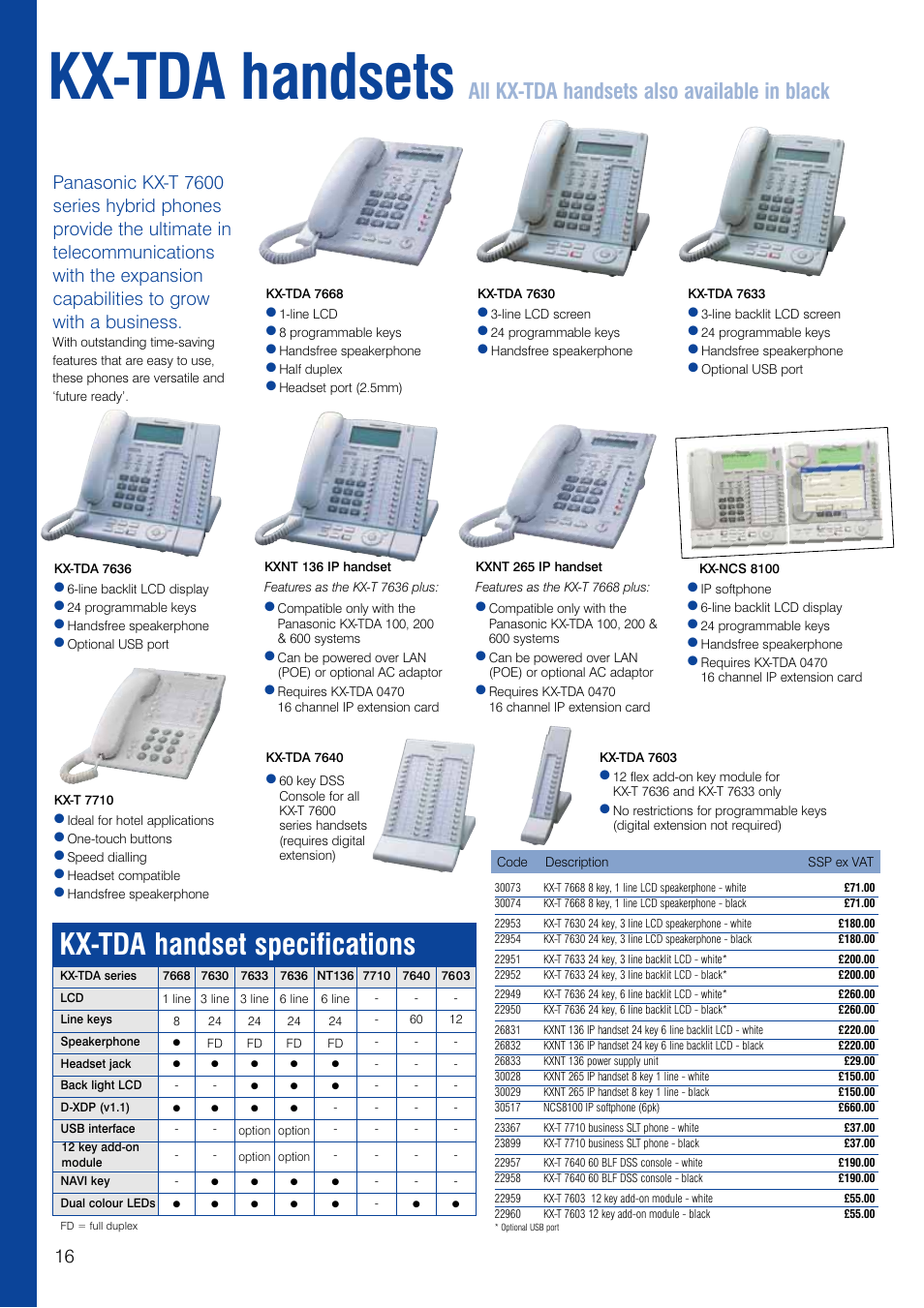 Kx-tda handsets, Kx-tda handset specifications, All kx-tda handsets also available in black | Panasonic KX-TEA User Manual | Page 16 / 24