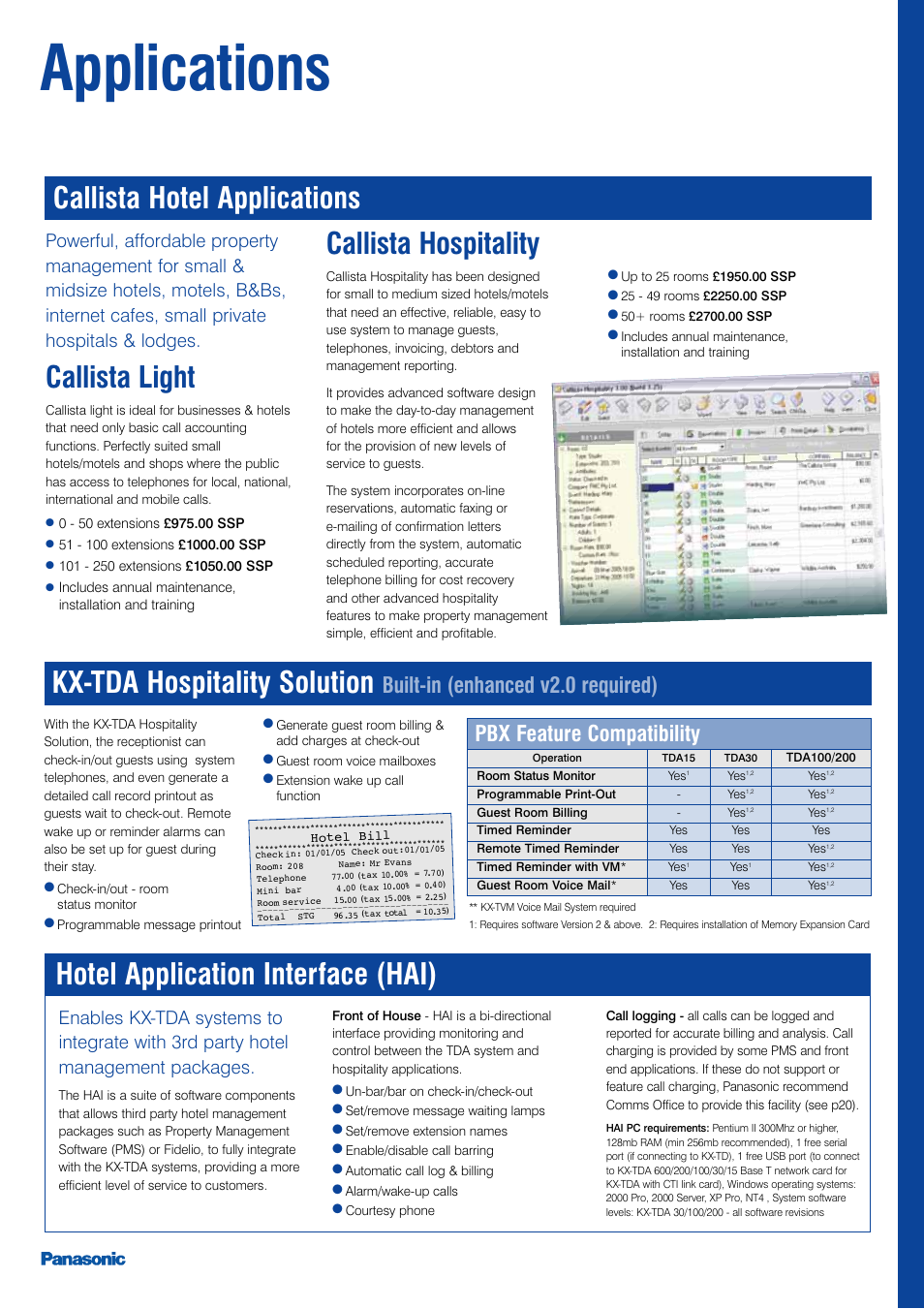 Applications, Hotel application interface (hai), Kx-tda hospitality solution | Callista hotel applications, Callista hospitality, Callista light, Built-in (enhanced v2.0 required), Pbx feature compatibility | Panasonic KX-TEA User Manual | Page 21 / 24