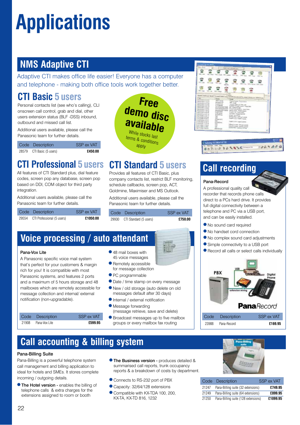 Applications, Free demo disc available, Call recording | Nms adaptive cti cti basic 5 users, Cti standard 5 users, Cti professional 5 users | Panasonic KX-TEA User Manual | Page 22 / 24