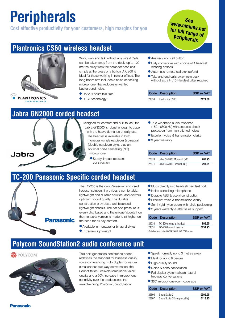 Peripherals, Jabra gn2000 corded headset | Panasonic KX-TEA User Manual | Page 23 / 24