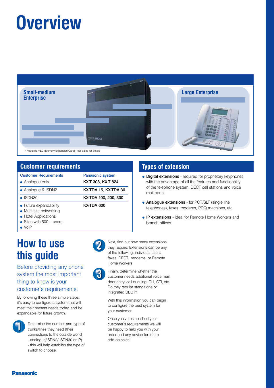 Overview, How to use this guide, Customer requirements | Types of extension, Small-medium enterprise large enterprise | Panasonic KX-TEA User Manual | Page 3 / 24