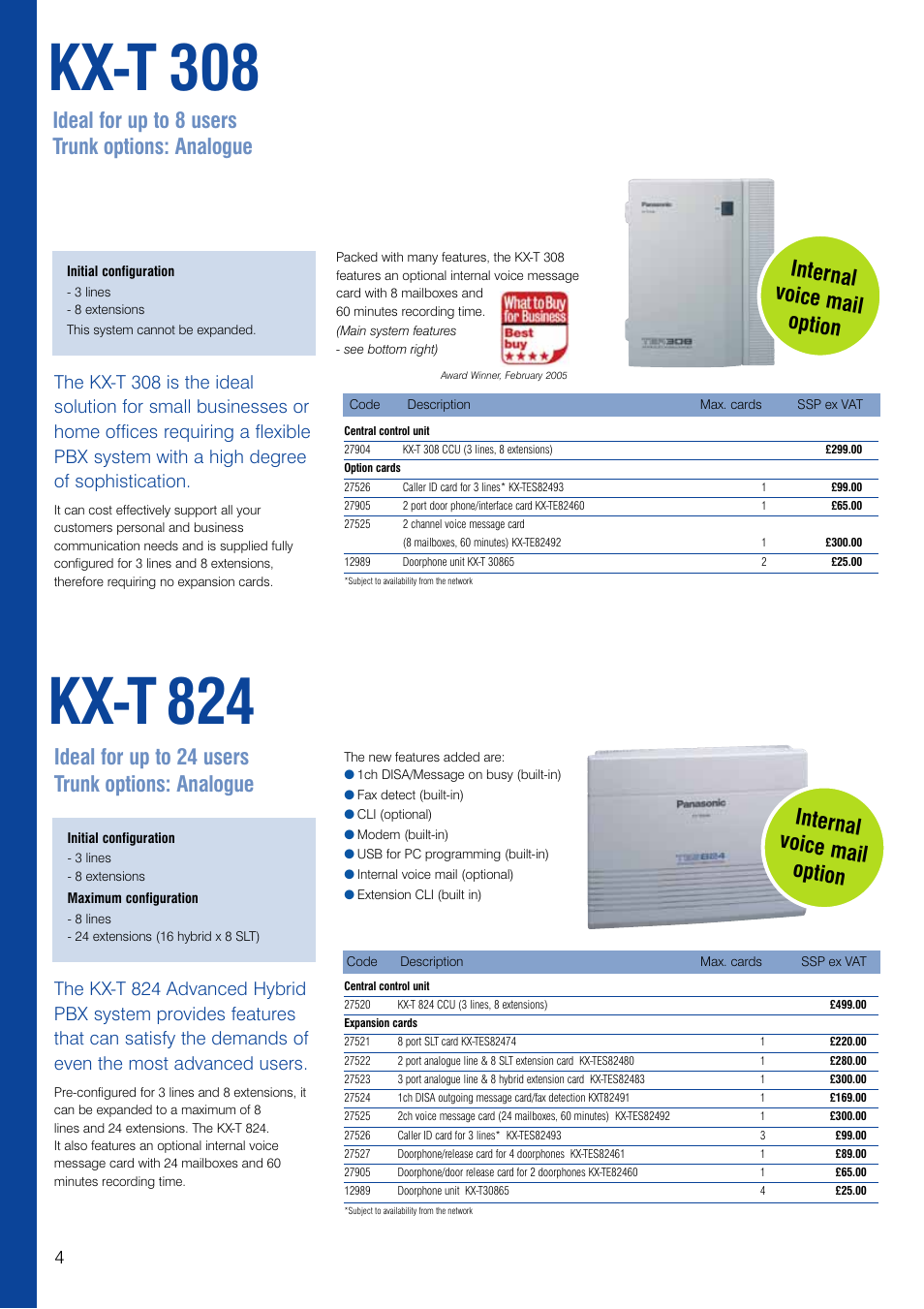 Kx-t 824, Kx-t 308, Ideal for up to 24 users trunk options: analogue | Ideal for up to 8 users trunk options: analogue | Panasonic KX-TEA User Manual | Page 4 / 24