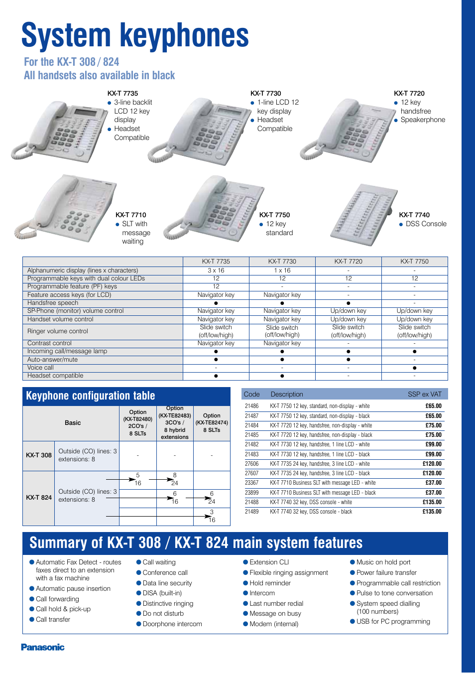 System keyphones, Keyphone configuration table | Panasonic KX-TEA User Manual | Page 5 / 24