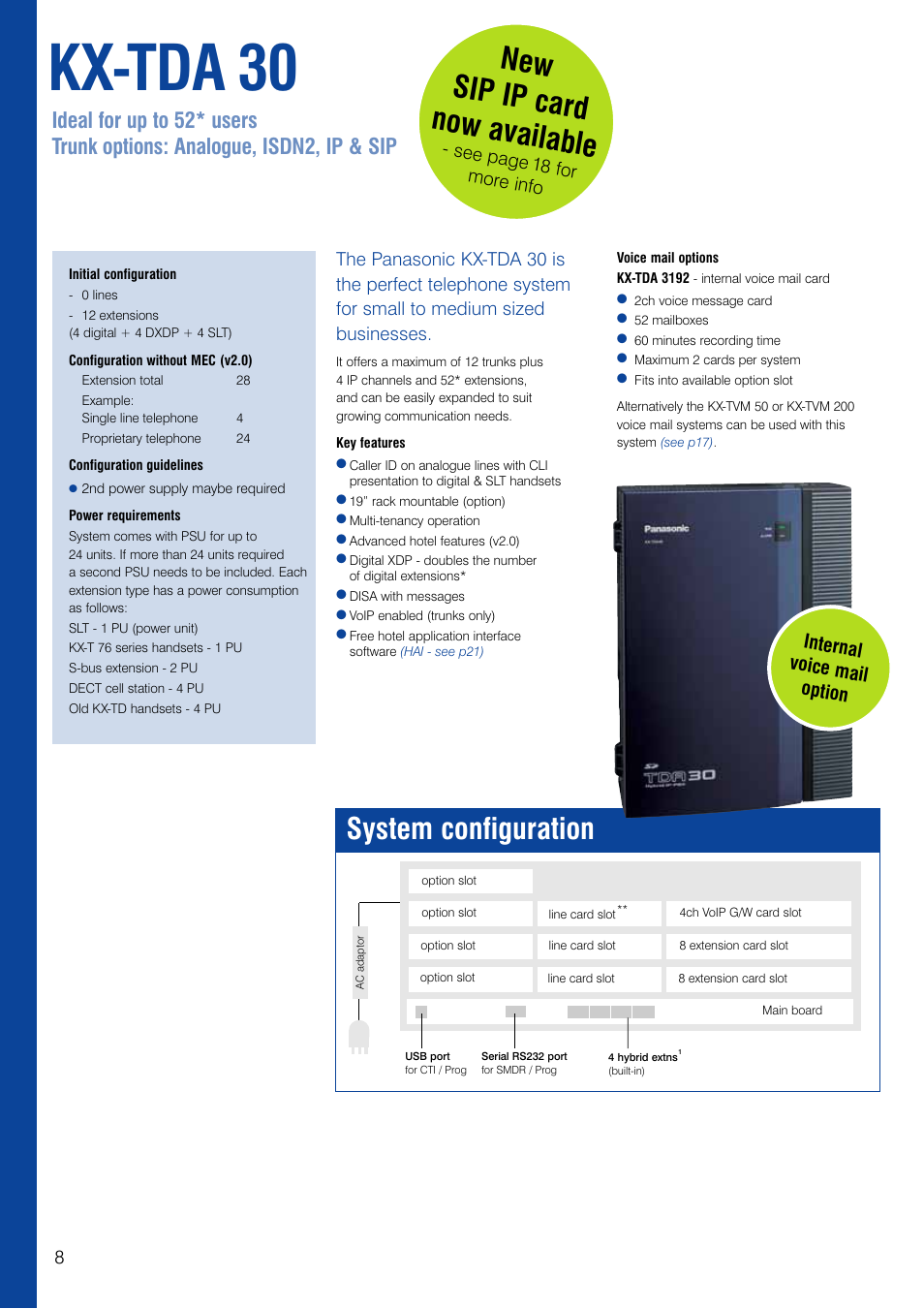 Kx-tda 30, New sip ip card now available, System configuration | Internal voice mail option 8, See page 18 for more info | Panasonic KX-TEA User Manual | Page 8 / 24