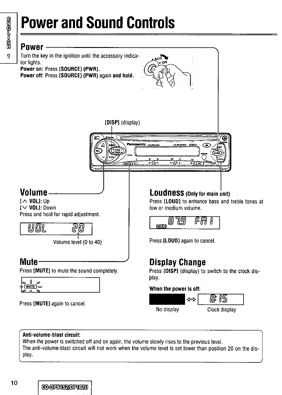 Mute, Disp, When the power is off | Anti-volume-blast circuit | Panasonic CQ-DPX152 User Manual | Page 10 / 72