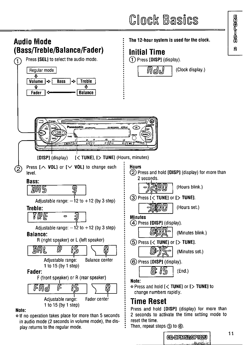 Audio mode, Bass/treble/balance/fader), Volume < bass treble | Fader, Initial time, Bass, Treble, Balance, Time reset, Cieelk | Panasonic CQ-DPX152 User Manual | Page 11 / 72