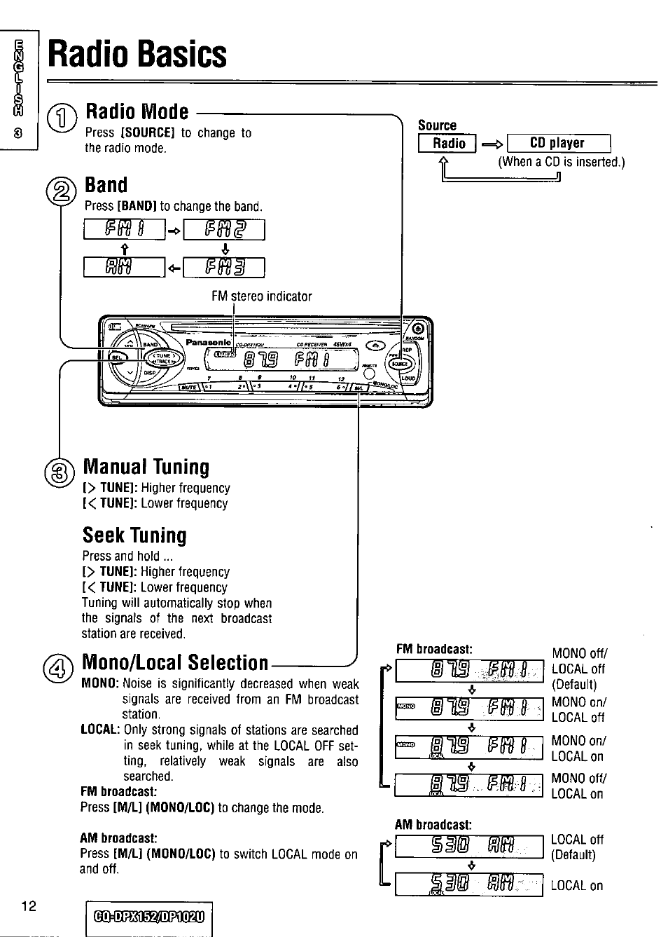 Radio basics, Radio mode, Band | Manual tuning, Seek tuning, Mono/local selection | Panasonic CQ-DPX152 User Manual | Page 12 / 72